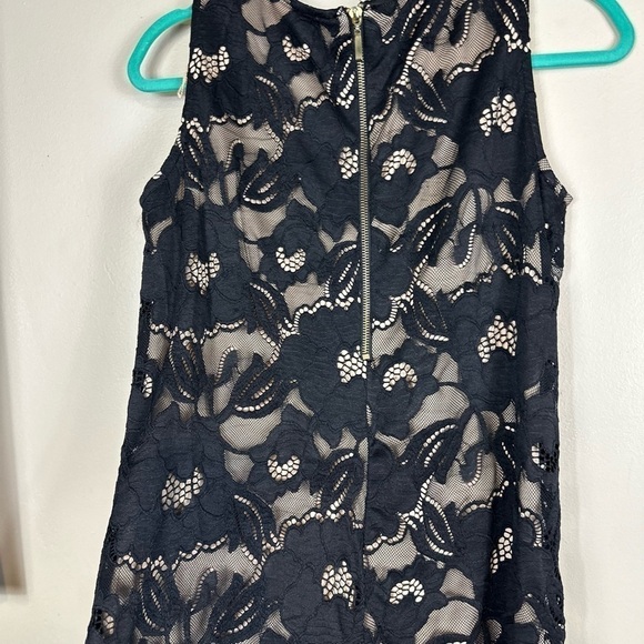 Ronni Nicole small p2p 16-1/2 length 34 like new black lace over tan dress - Picture 3 of 8